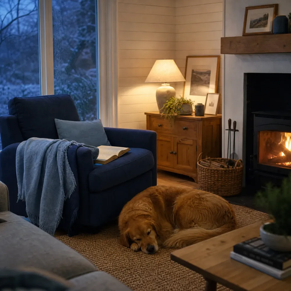 A golden retriever sleeps on a woven rug in a living room with a navy armchair holding an open book and gray throw, a lit fireplace, a wooden sideboard with a lamp, and a window showing snow outside.