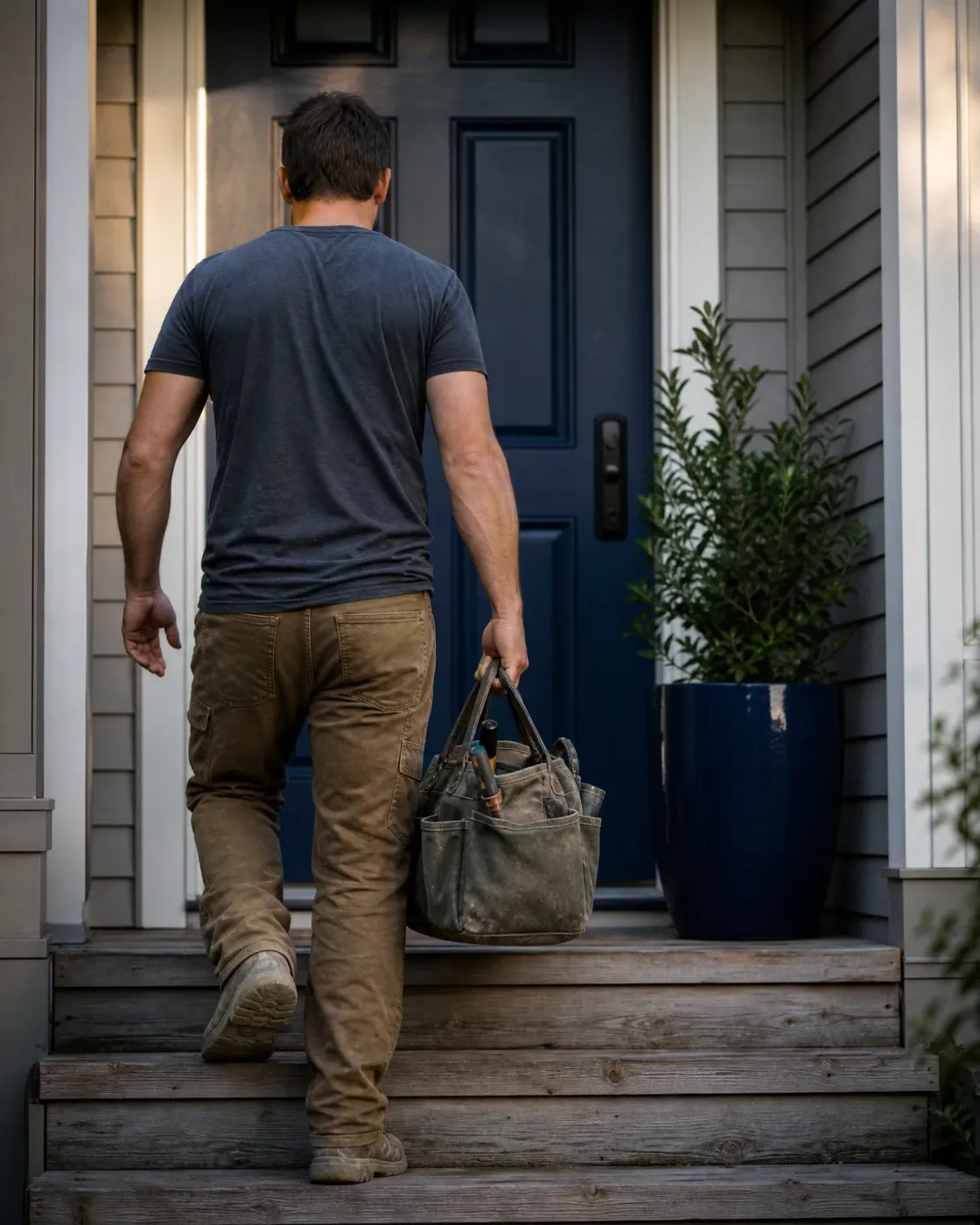 A man in a gray t-shirt and tan work pants, seen from behind, carries a canvas tool bag up wooden porch steps toward a dark blue front door beside a potted shrub.