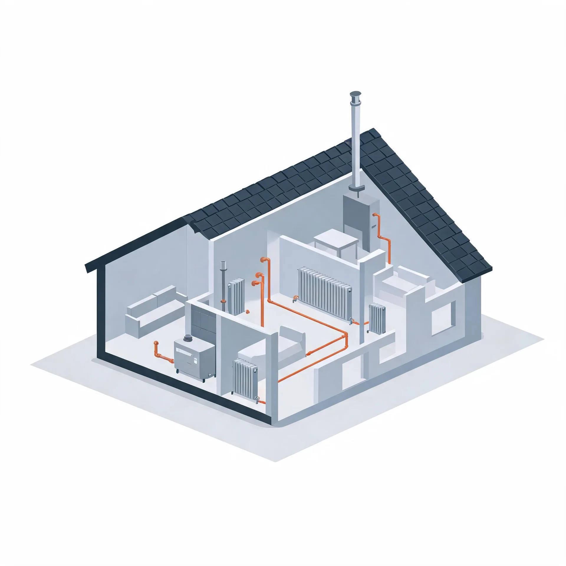 Isometric cutaway illustration of a house interior showing a boiler, flue pipe through the roof, radiators in several rooms and orange pipework connecting them.