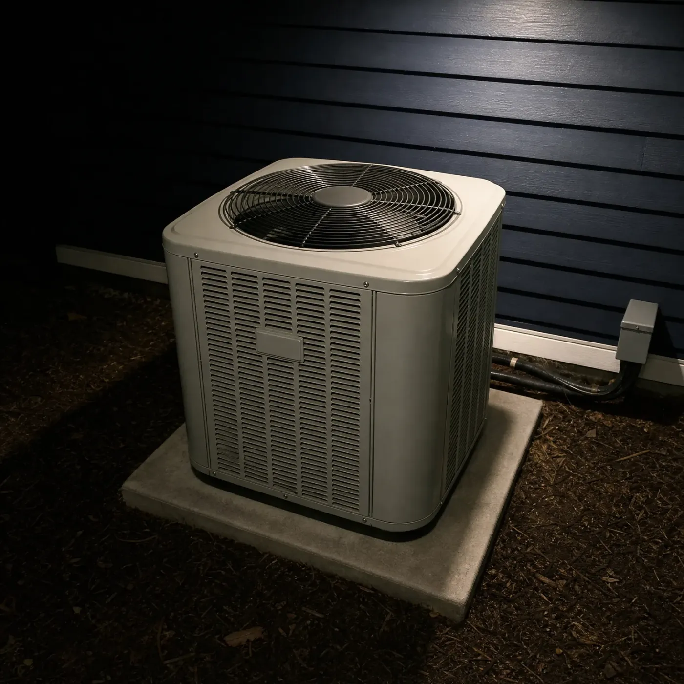 An outdoor air conditioner condenser unit with a top-mounted fan grille sits on a concrete pad next to dark horizontal siding, with mulch around it and a disconnect box and refrigerant lines on the wall.