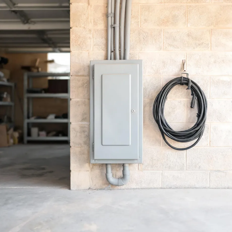 A gray electrical panel box mounted on a light-colored concrete block wall in a garage, with conduit running above and below it and a coiled black extension cord hanging on a hook to the right.