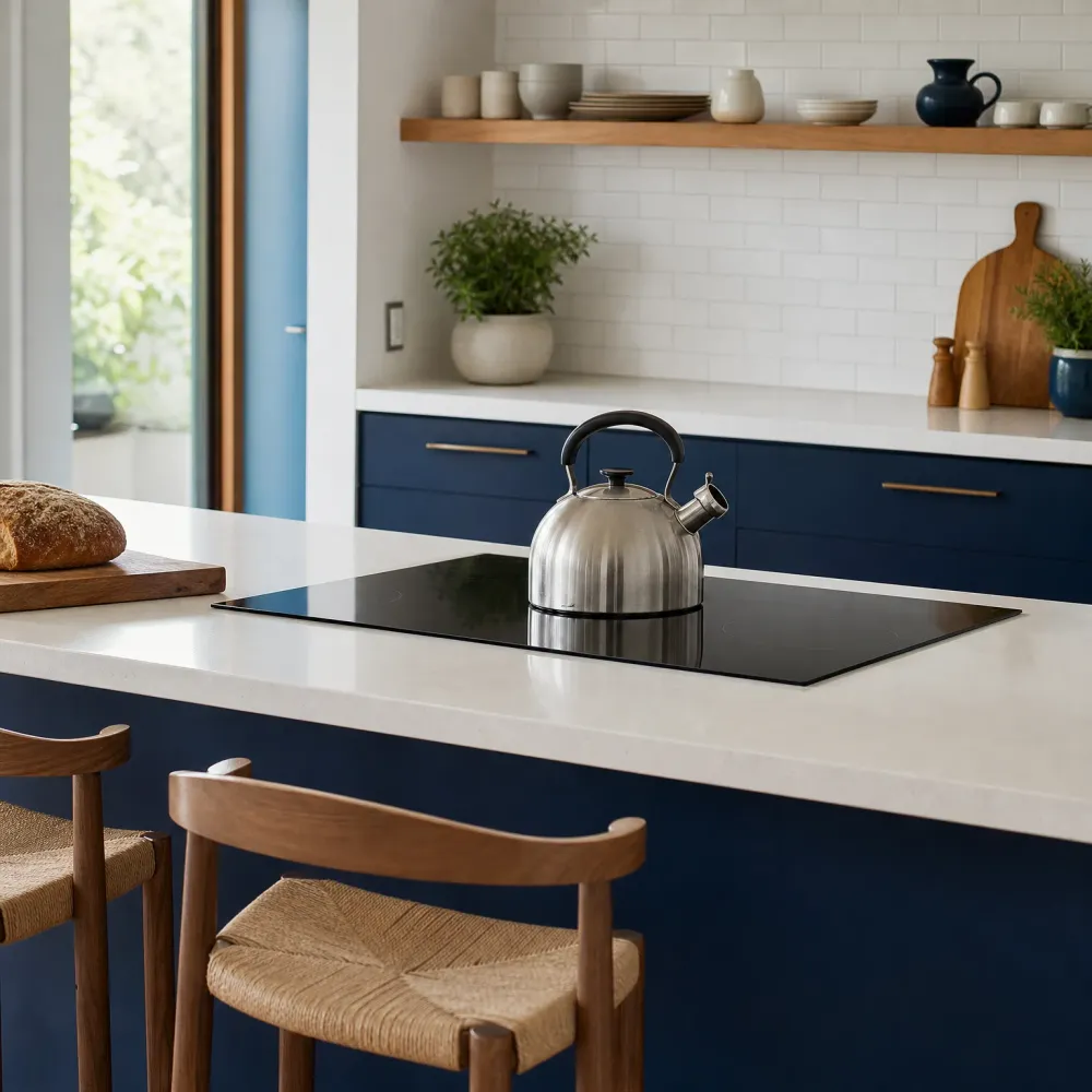 A kitchen island with a pale stone countertop holding a black induction cooktop and a stainless steel whistling kettle, with navy blue cabinetry, white subway tile backsplash, a wooden open shelf with ceramics, a potted plant, woven-seat wooden stools, and a loaf of bread on a cutting board.