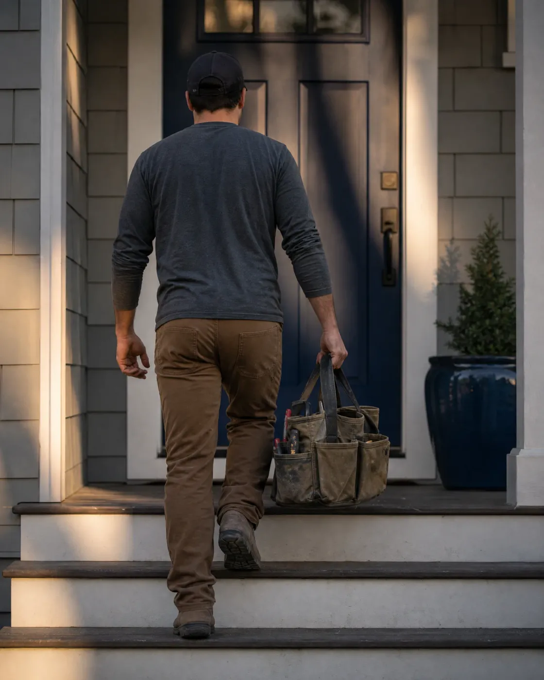 A man in a dark cap, gray long-sleeve shirt and brown work pants climbs porch steps toward a navy front door, carrying a canvas tool tote with tools in its pockets, beside a potted evergreen shrub in a blue planter.