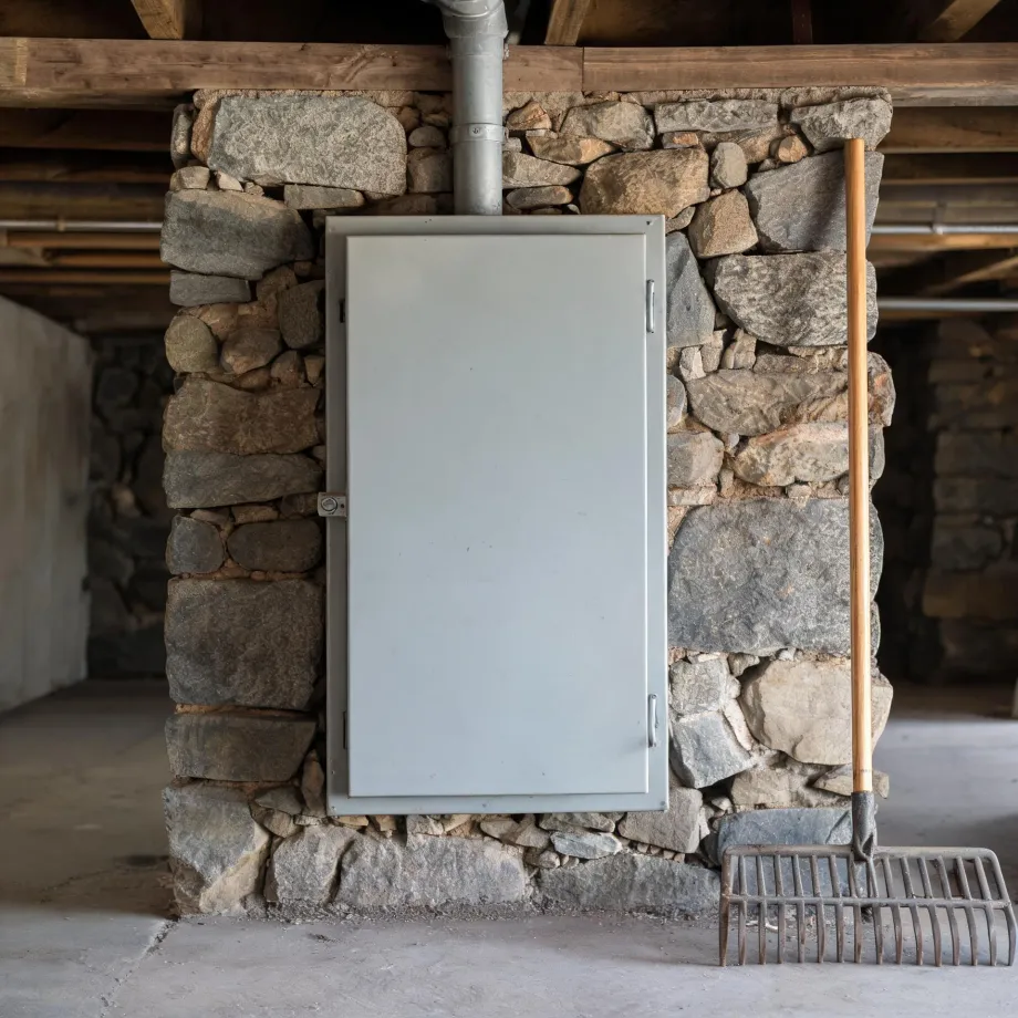 A blank white metal access panel mounted on a dry-stone wall beneath wooden beams, with a metal flue pipe above and a rake leaning against the wall on a concrete floor.