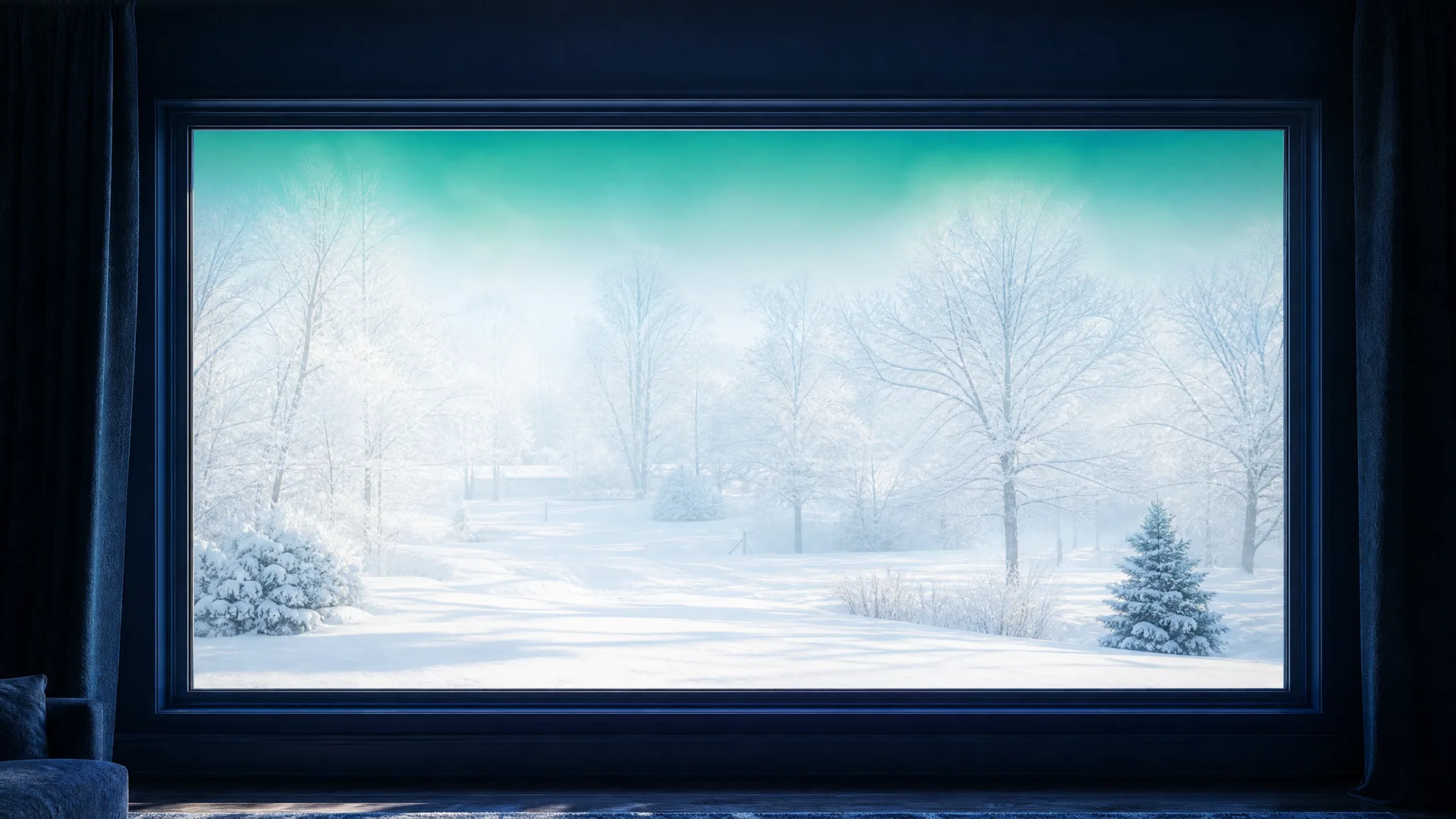 View from a dark interior through a large dark-framed window onto a bright snow-covered landscape with frost-coated bare trees, a small evergreen, and a teal sky.