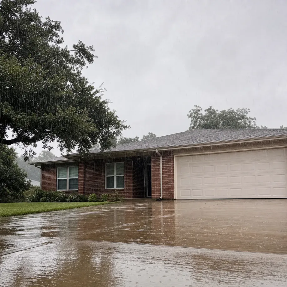 Single-story brick house with a white two-car garage door and shingled roof during rain, with a wet concrete driveway, lawn, and large oak tree overhanging at left under an overcast sky.