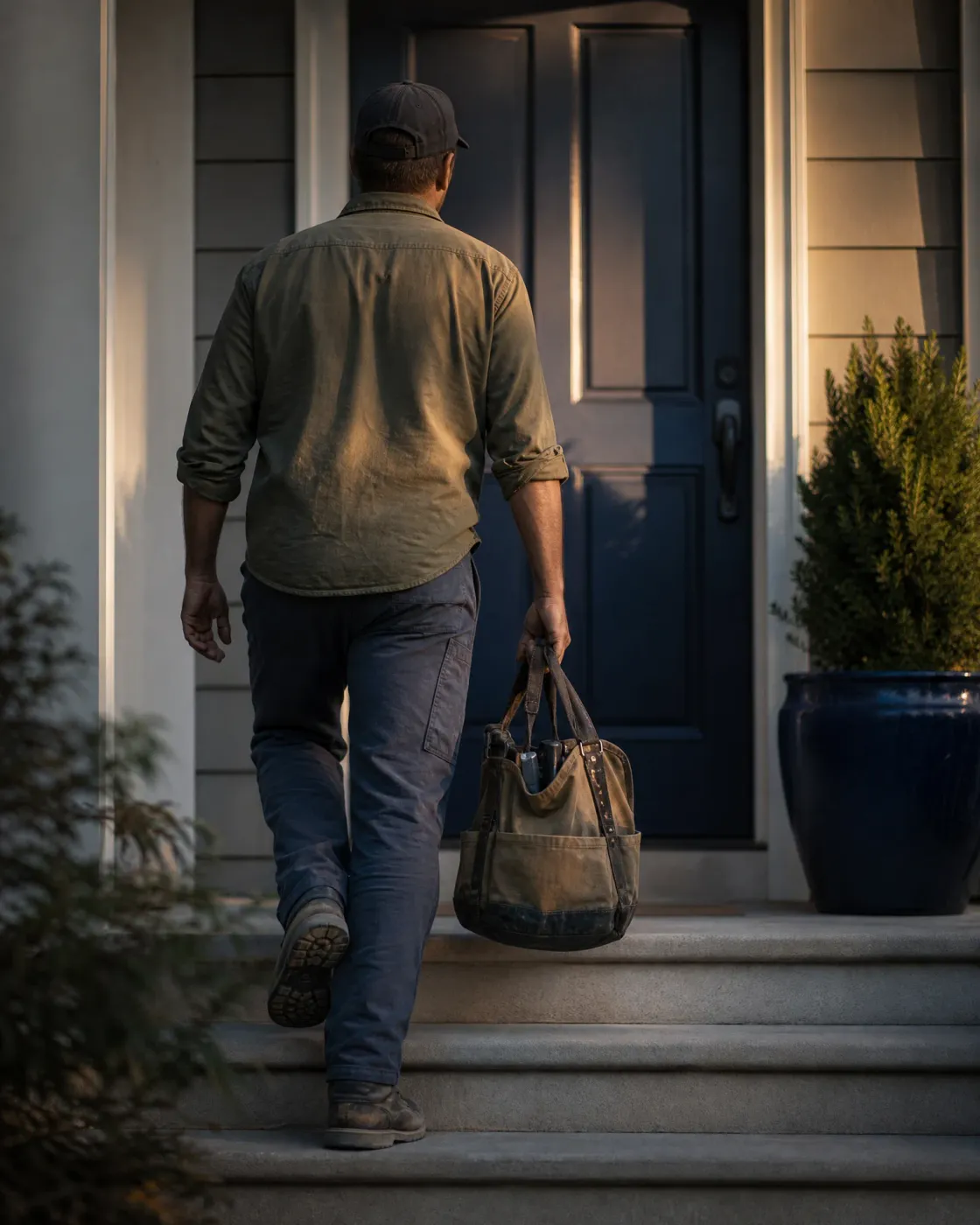 A man in a cap, olive shirt and dark pants carries a canvas tool bag up concrete steps toward a dark blue front door, with a potted shrub beside the entry.