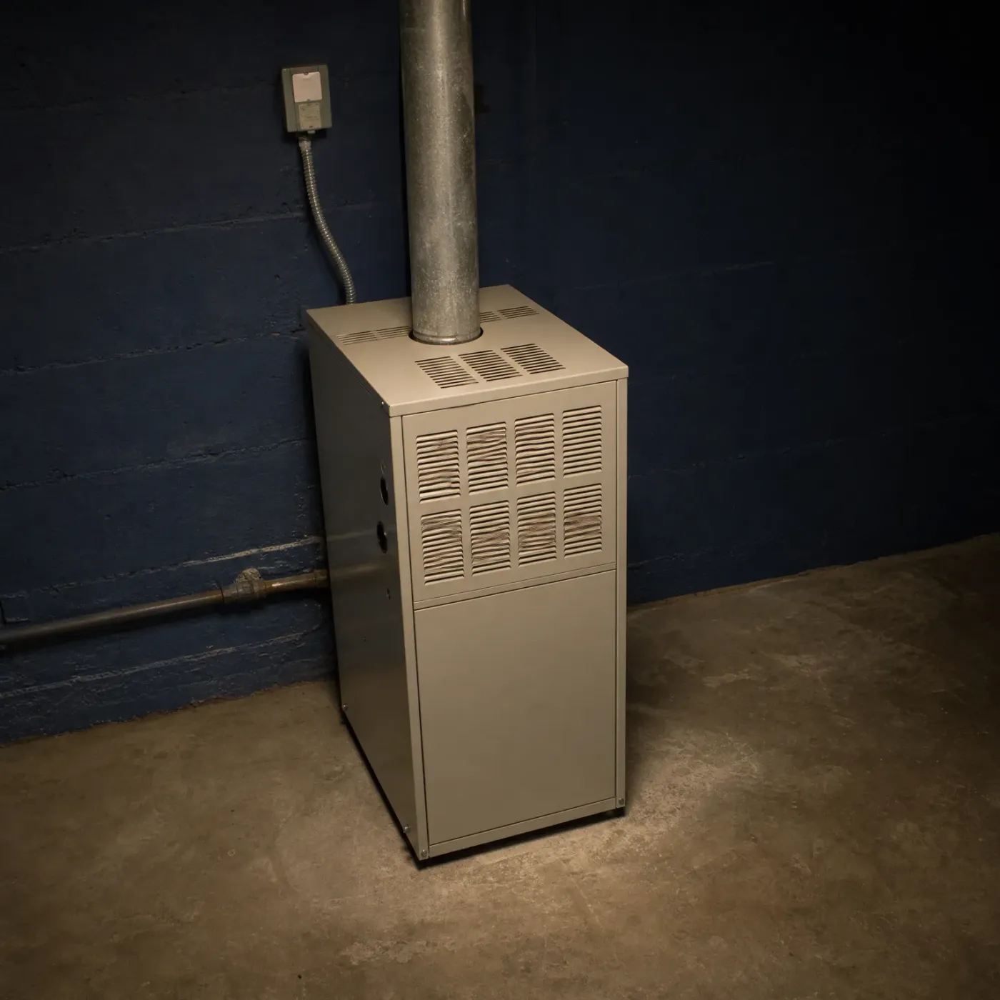 A beige sheet-metal furnace with louvered vent panels stands against a dark blue painted block wall in a basement, with a metal flue pipe rising from its top and a gas pipe and electrical box on the wall behind.