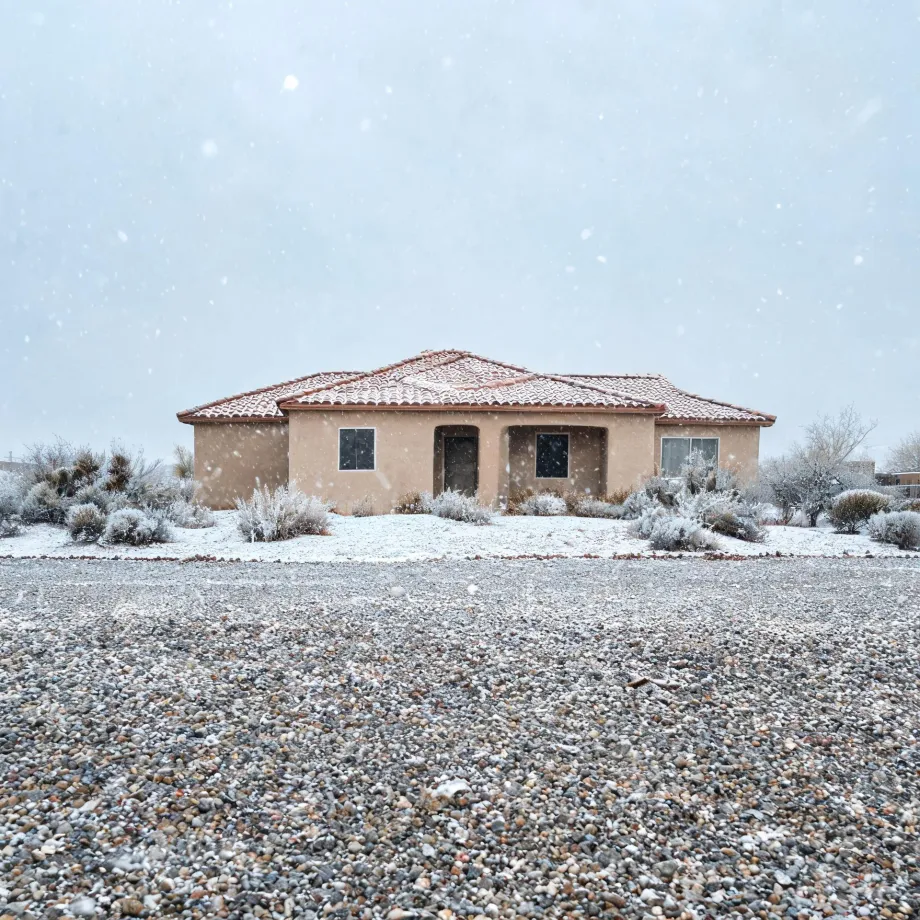 A single-story tan stucco house with a red tile roof during falling snow, surrounded by low desert shrubs and a wide gravel foreground dusted with snow.