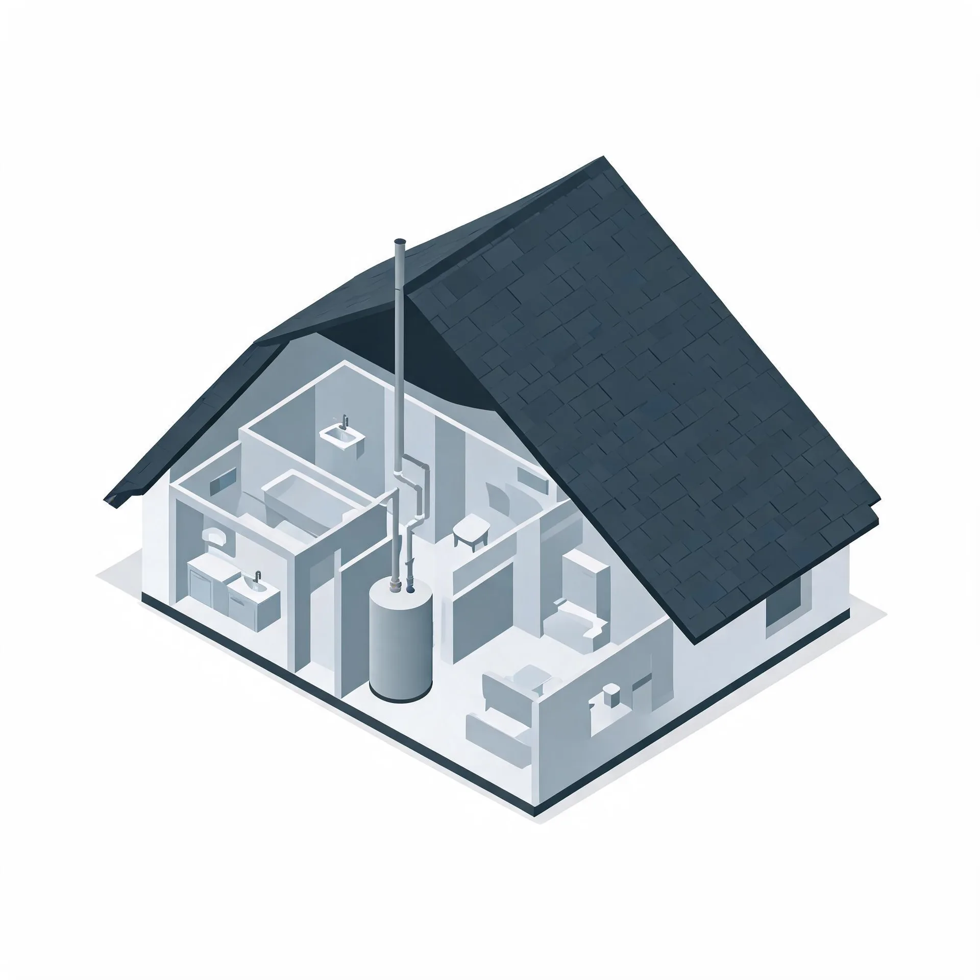 Isometric cutaway illustration of a single-story house with a dark shingled gable roof, showing interior rooms with furniture, a bathroom sink and tub, and a cylindrical water heater with a tall vent pipe extending through the roof.