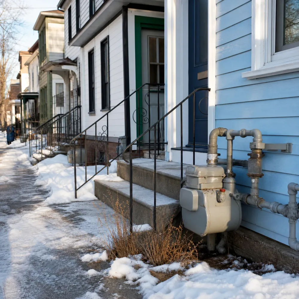 A row of wood-sided houses along a snowy sidewalk, with concrete front steps, metal handrails, and an exterior gas meter with pipes mounted on a light blue clapboard wall.