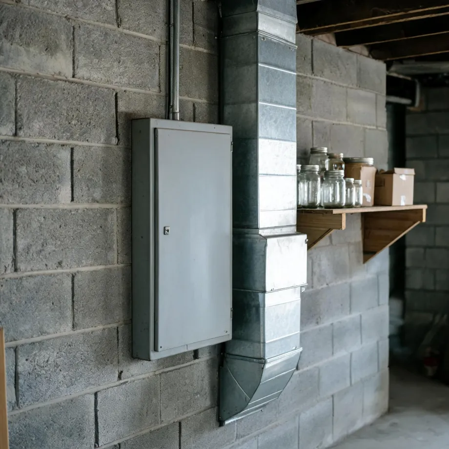 A gray metal electrical panel mounted on a concrete block basement wall beside galvanized sheet-metal ductwork, with a wooden shelf holding glass jars and cardboard boxes in the background.