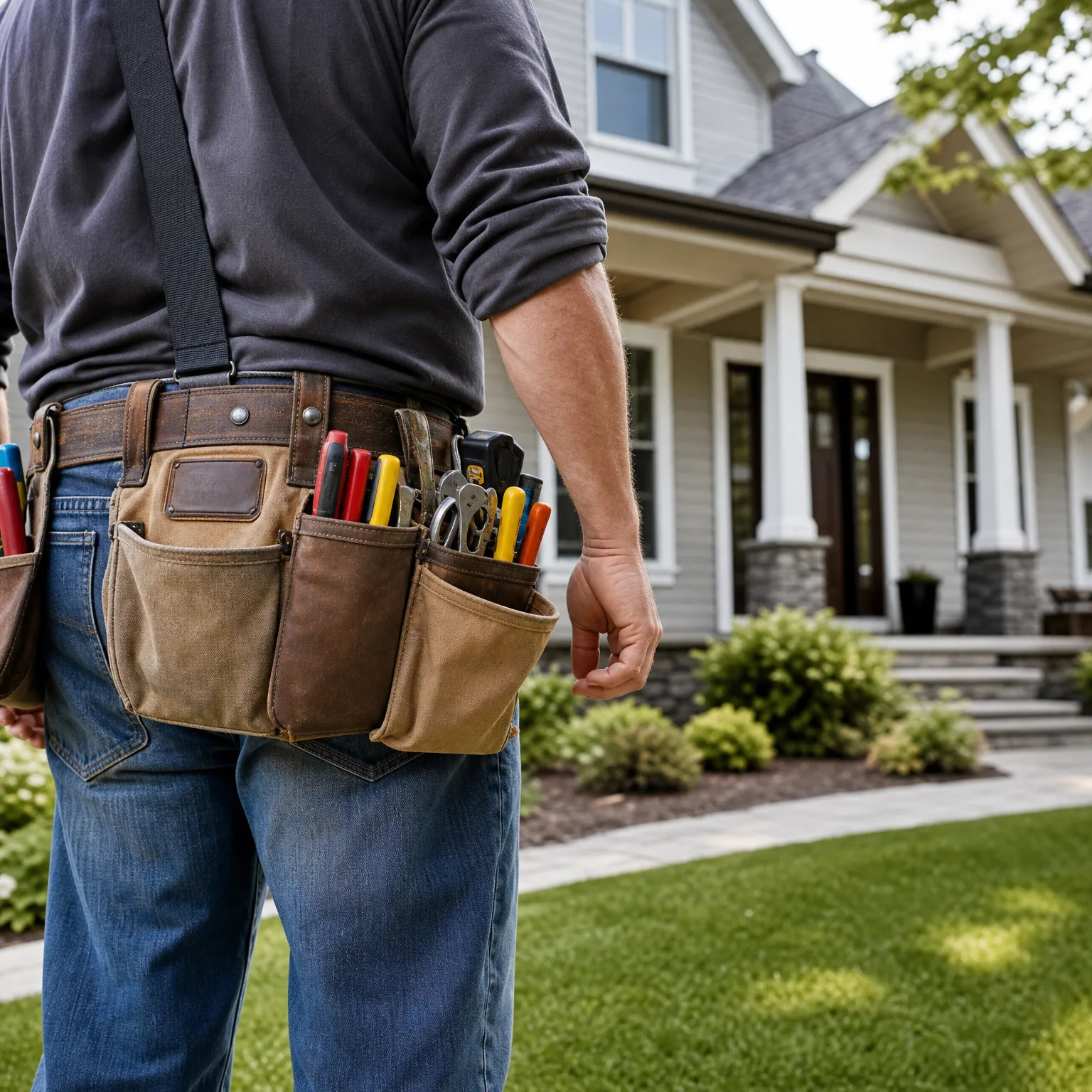 Close view from behind of a person in a dark long-sleeved shirt and jeans wearing a canvas and leather tool belt filled with pencils, pliers and a tape measure, standing on a lawn in front of a light gray house with a covered porch.