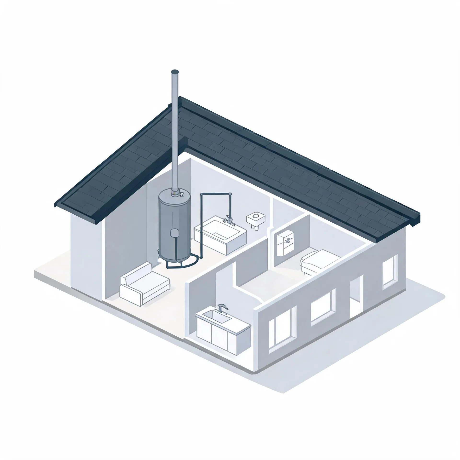 Isometric cutaway illustration of a small single-story house with a dark shingled roof, showing interior rooms with a sofa, bed, bathroom fixtures, sinks, and a large cylindrical water heater with a tall vent pipe extending through the roof.