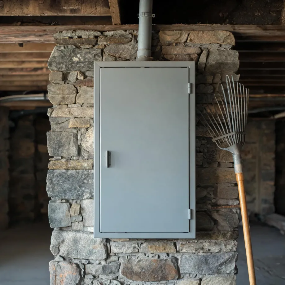 A gray metal cabinet door mounted on a dry-stacked stone wall under wooden beams, with a metal flue pipe above and a wooden-handled leaf rake leaning at right.