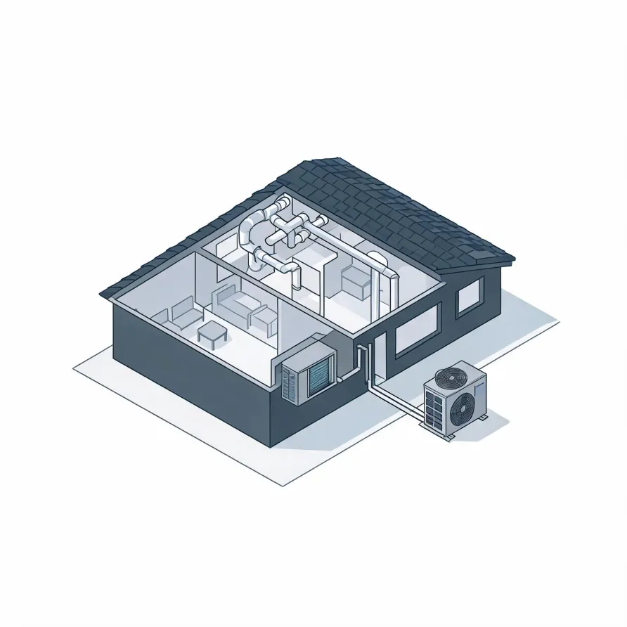 Isometric line illustration of a cutaway single-story house showing interior rooms with furniture, ceiling ductwork, an indoor air handler, and an outdoor condenser unit connected by lines along the exterior wall.