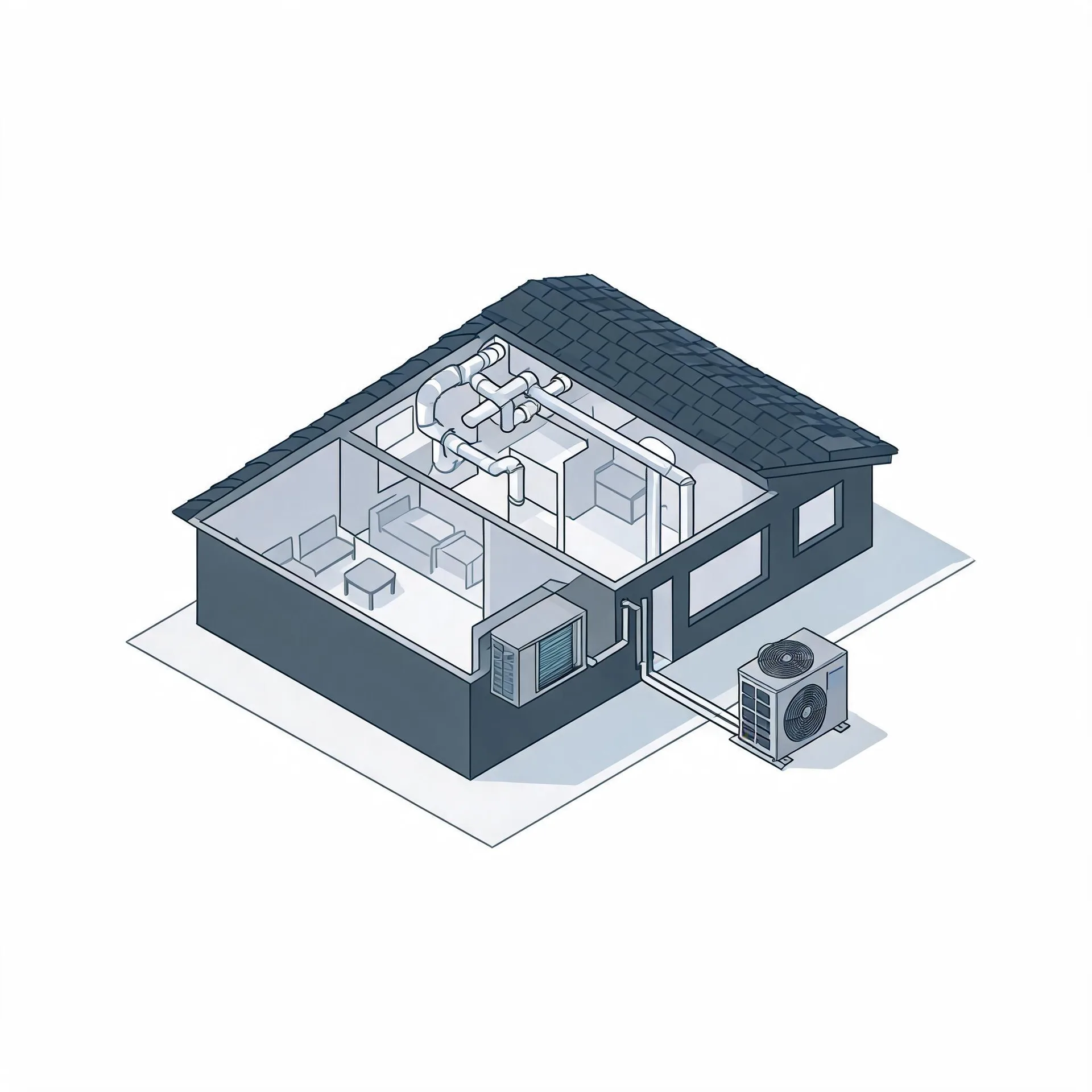Isometric line illustration of a cutaway single-story house showing interior rooms with furniture, ceiling ductwork, an indoor air handler, and an outdoor condenser unit connected by lines along the exterior wall.