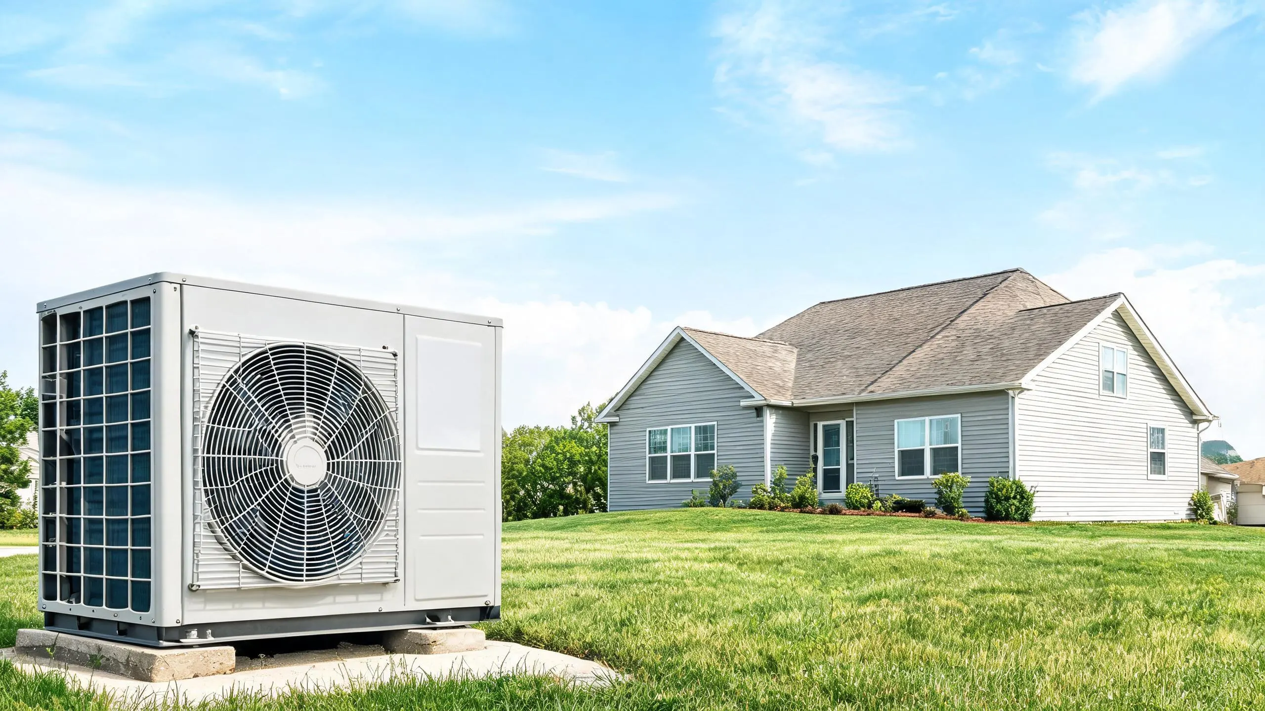 An outdoor HVAC condenser unit on a concrete pad in front of a single-story house with gray siding and a shingle roof.