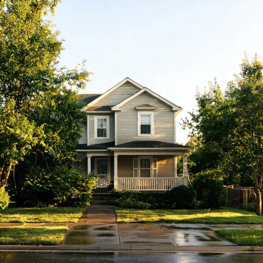 A two-story light-colored house with horizontal siding, a covered front porch with white railings and columns, flanked by green trees and shrubs, with a concrete walkway leading to a wet sidewalk and street.