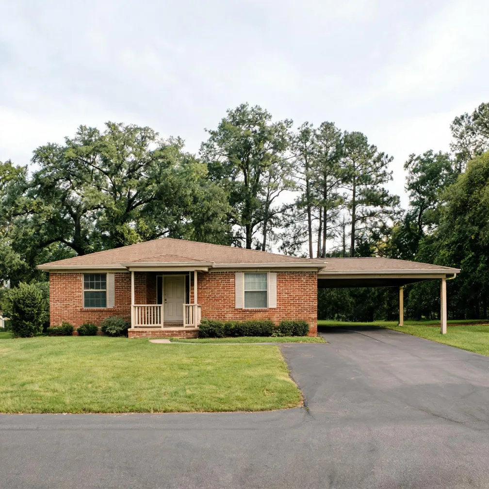 A single-story brick ranch house with a small covered porch, shuttered windows, and an attached carport, set behind a mown lawn and asphalt driveway with tall deciduous trees behind it.