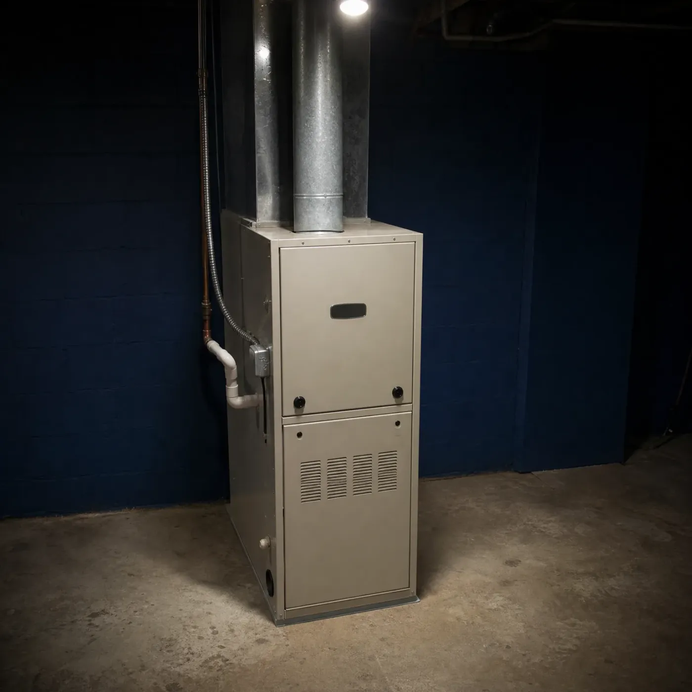 A beige sheet-metal furnace stands on a concrete basement floor against a dark blue painted block wall, with galvanized flue ducts rising to the ceiling and a flexible metal conduit and PVC pipe at its left side.