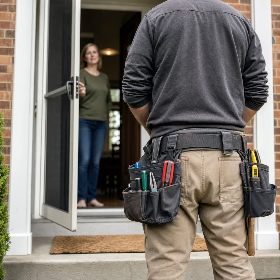 A person in a gray shirt and tan pants wearing a tool belt with pliers and other hand tools stands with their back to the camera at a brick house doorway, facing a woman standing inside the open door.