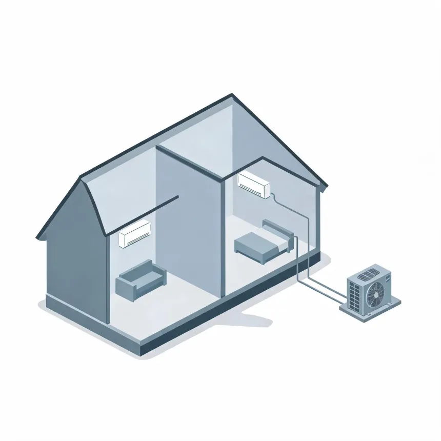 Isometric grey illustration of a cutaway house showing two rooms with wall-mounted indoor air conditioning units connected by lines to an outdoor condenser unit beside the building.