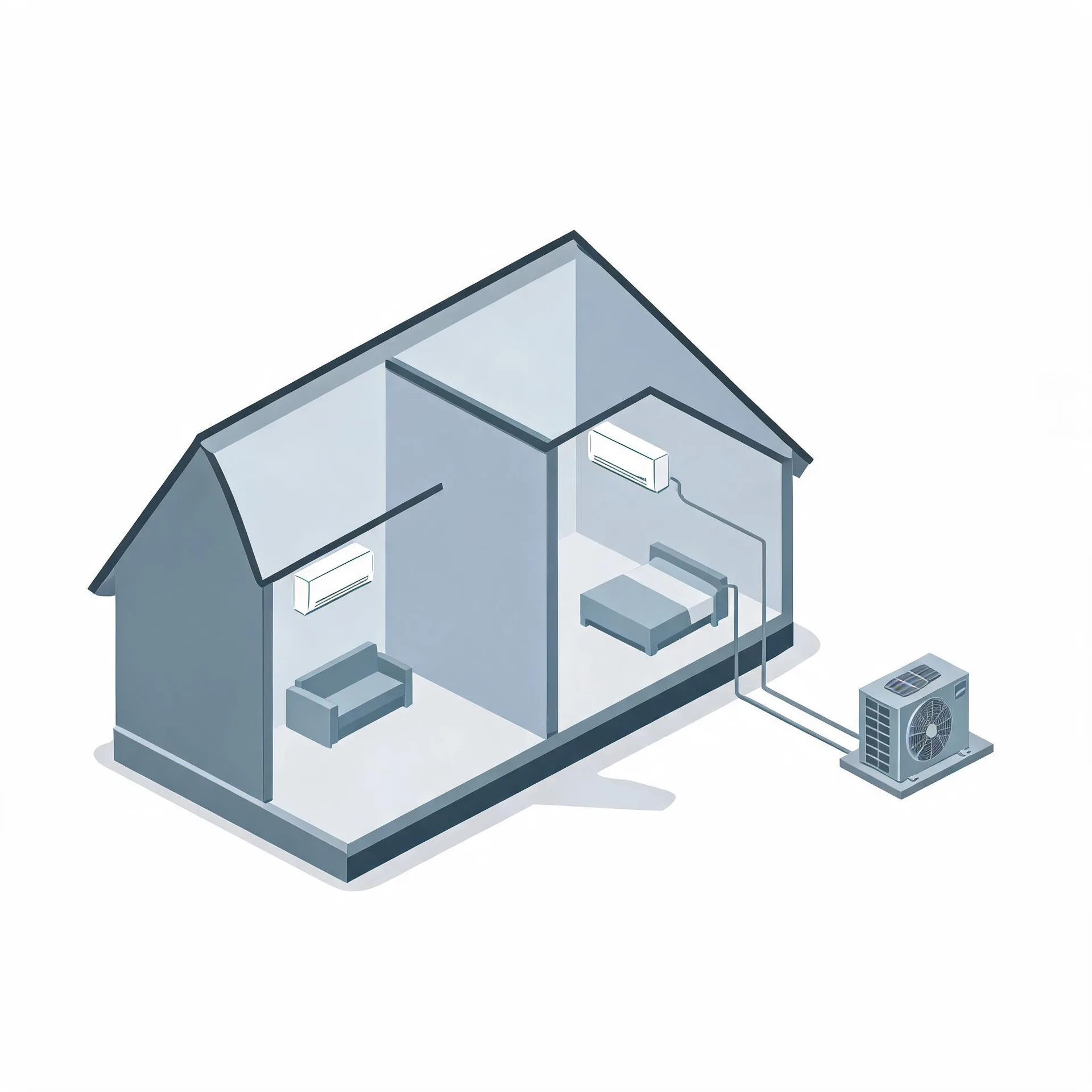 Isometric grey illustration of a cutaway house showing two rooms with wall-mounted indoor air conditioning units connected by lines to an outdoor condenser unit beside the building.
