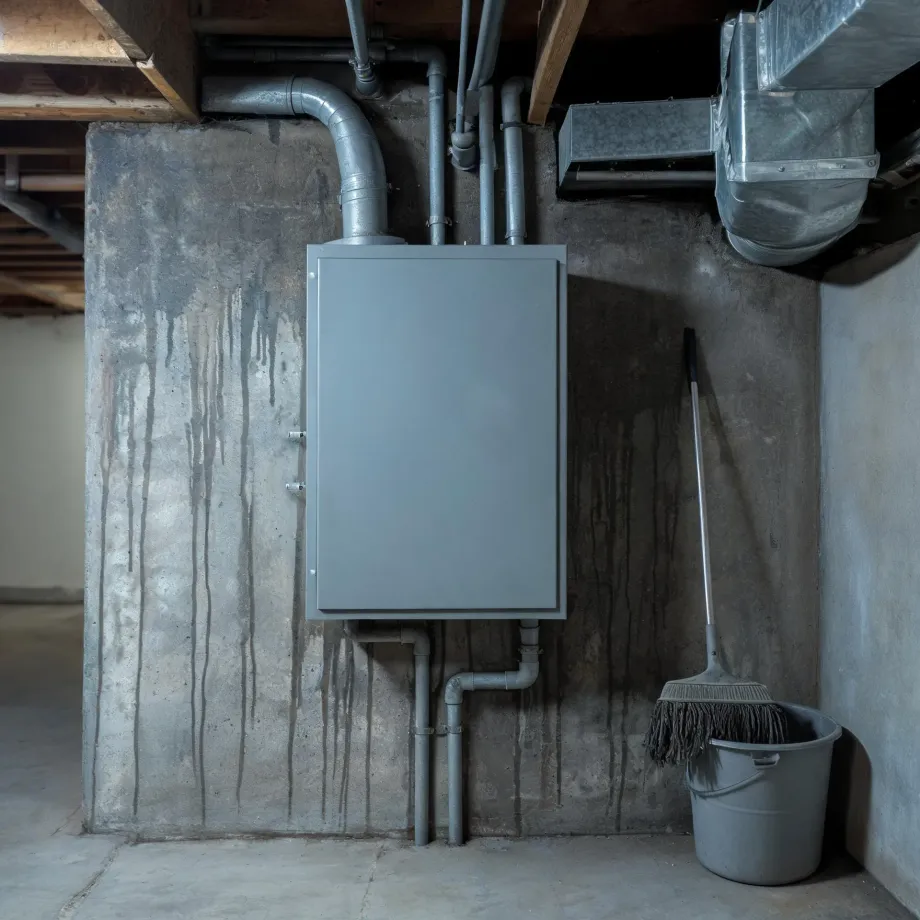A gray metal utility cabinet mounted on a stained concrete basement wall, with pipes and sheet-metal ductwork overhead and a mop leaning against a plastic bucket on the floor at right.