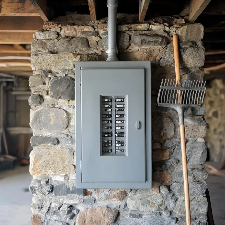 A gray electrical panel with its door open showing rows of circuit breakers, mounted on a stone wall with a conduit running to the ceiling joists and a rake leaning at right.