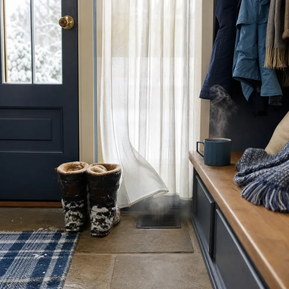 A mudroom entry with a dark blue door showing snowy shrubs through its window, snow-covered boots on a stone floor, a sheer curtain, a floor vent with visible vapor, and a steaming mug on a wooden bench beside a knit blanket and hanging coats.