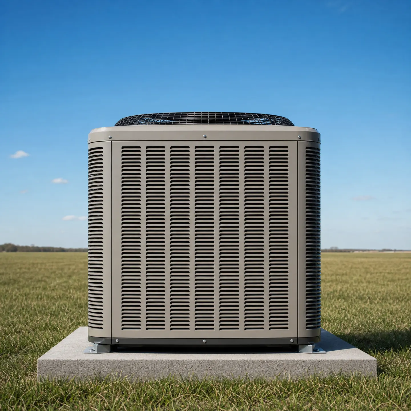 A gray residential air conditioner condenser unit mounted on a concrete pad in an open grass field.