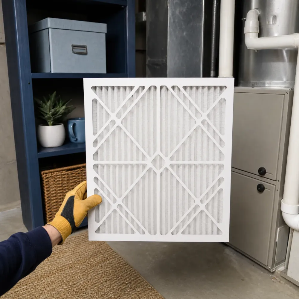 A gloved hand holds a square pleated air filter in front of a furnace in a basement, with a shelving unit, potted plant, and woven basket in the background.