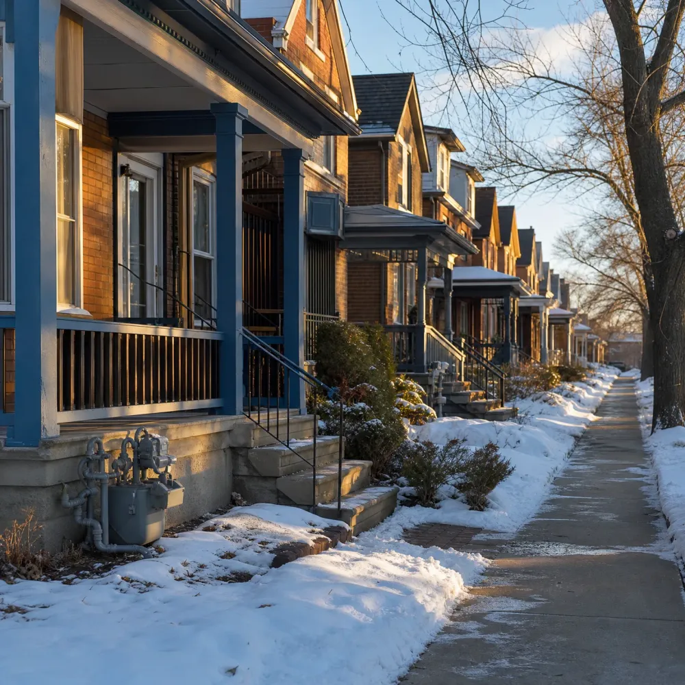 A row of brick houses with covered porches, blue-painted posts and railings, and metal gas meters, beside a cleared sidewalk bordered by snow and bare trees in low sunlight.