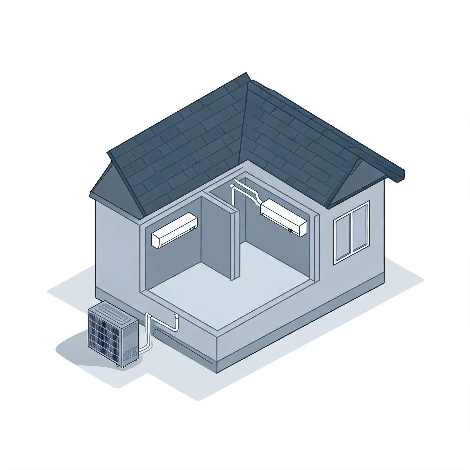 Isometric line illustration of a cutaway house with a shingled gable roof, showing two wall-mounted indoor air conditioning units connected by piping to an outdoor condenser unit on the ground outside.