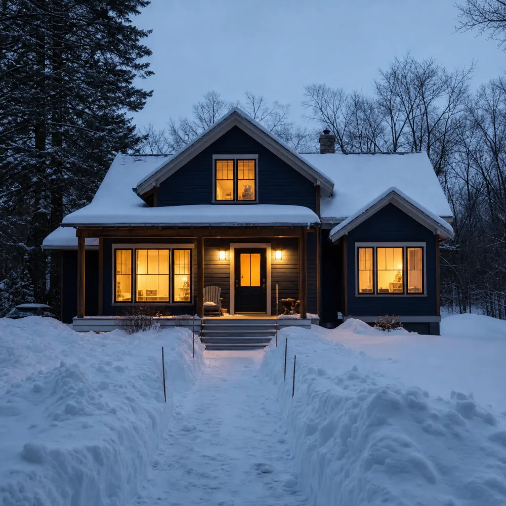 A dark blue gabled house with lit windows and a covered porch at dusk, surrounded by deep snow with a shoveled path leading to the front steps and bare trees behind.