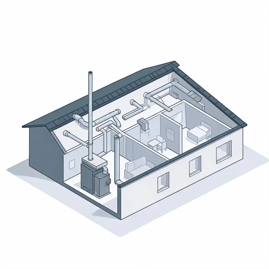 Isometric line illustration of a single-story house cutaway showing interior rooms with furniture, ductwork or piping running along the ceiling, and a boxy furnace unit with a tall vertical flue pipe.