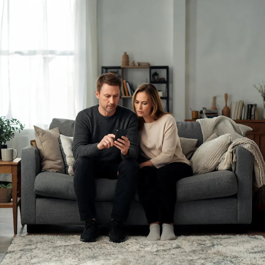 A man and a woman sit close together on a gray sofa in a living room, both looking at a smartphone the man is holding, with cushions, a knit blanket, shelves and a window behind them.