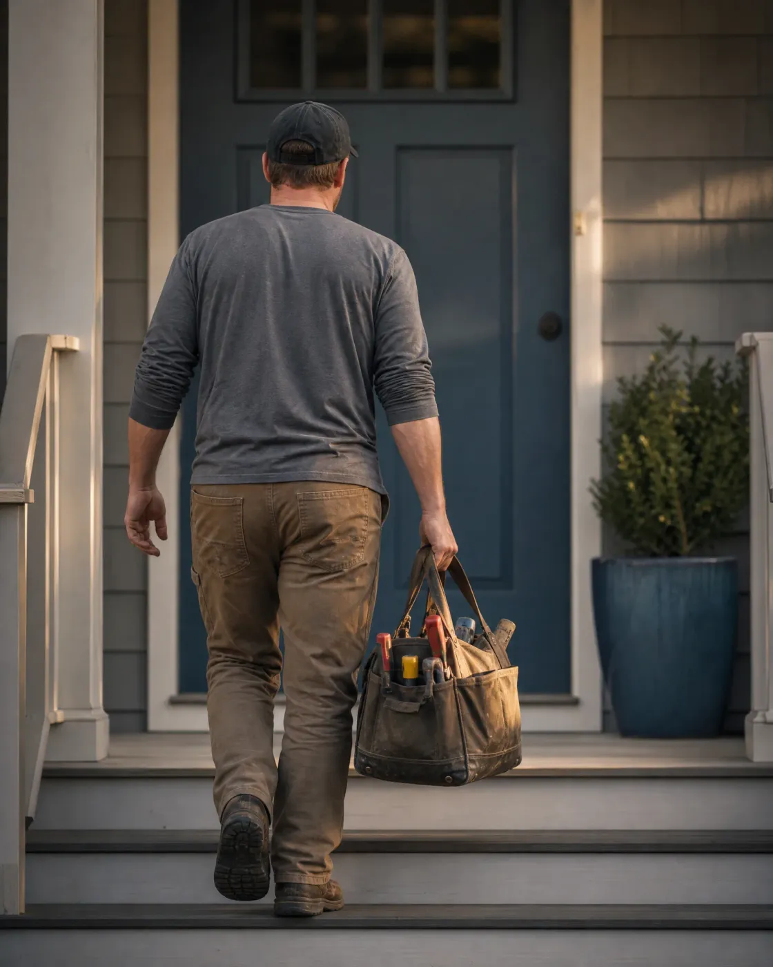 A man in a cap, gray long-sleeve shirt and brown work pants walks up porch steps toward a dark blue front door, carrying a canvas tool bag with tools in its side pockets, beside a potted shrub.