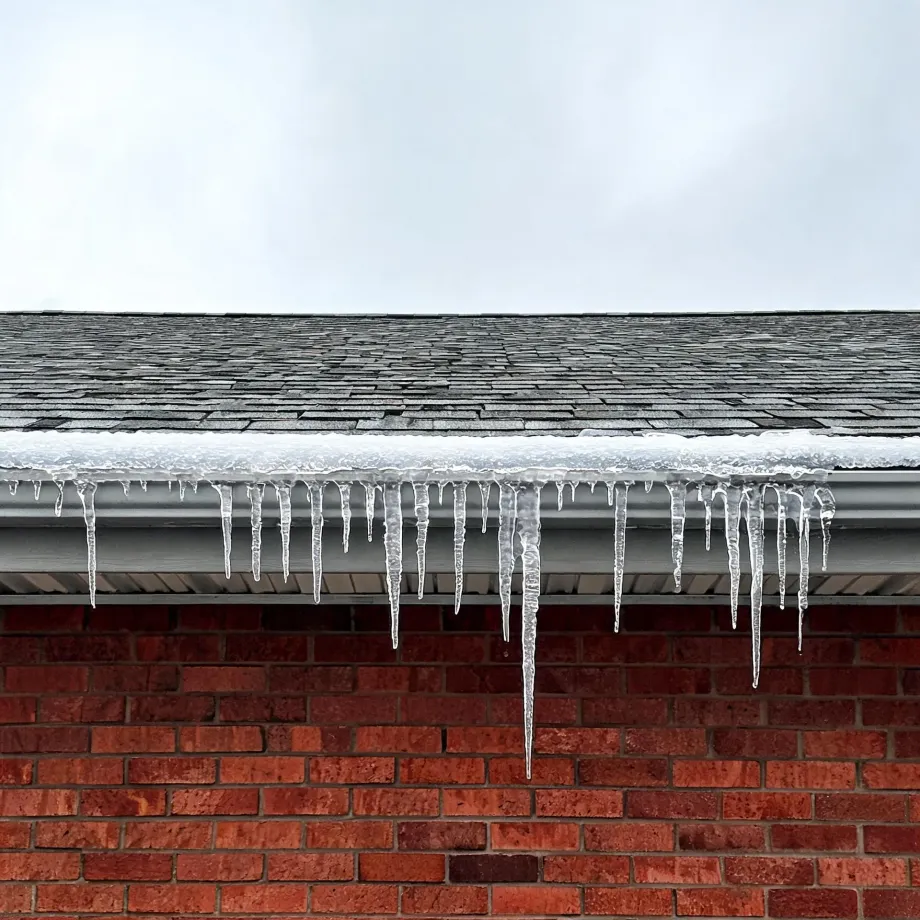 Icicles hang from a snow-covered gutter along the edge of a shingled roof above a red brick wall, under an overcast sky.