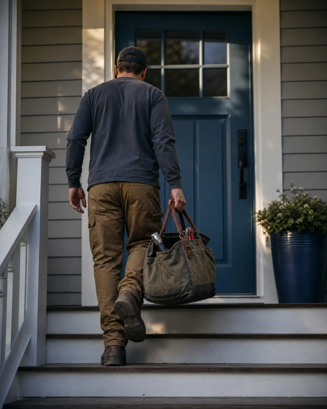A man in a cap, dark long-sleeve shirt and tan work pants climbs porch steps toward a blue front door, carrying a waxed canvas tool bag with tools visible inside.