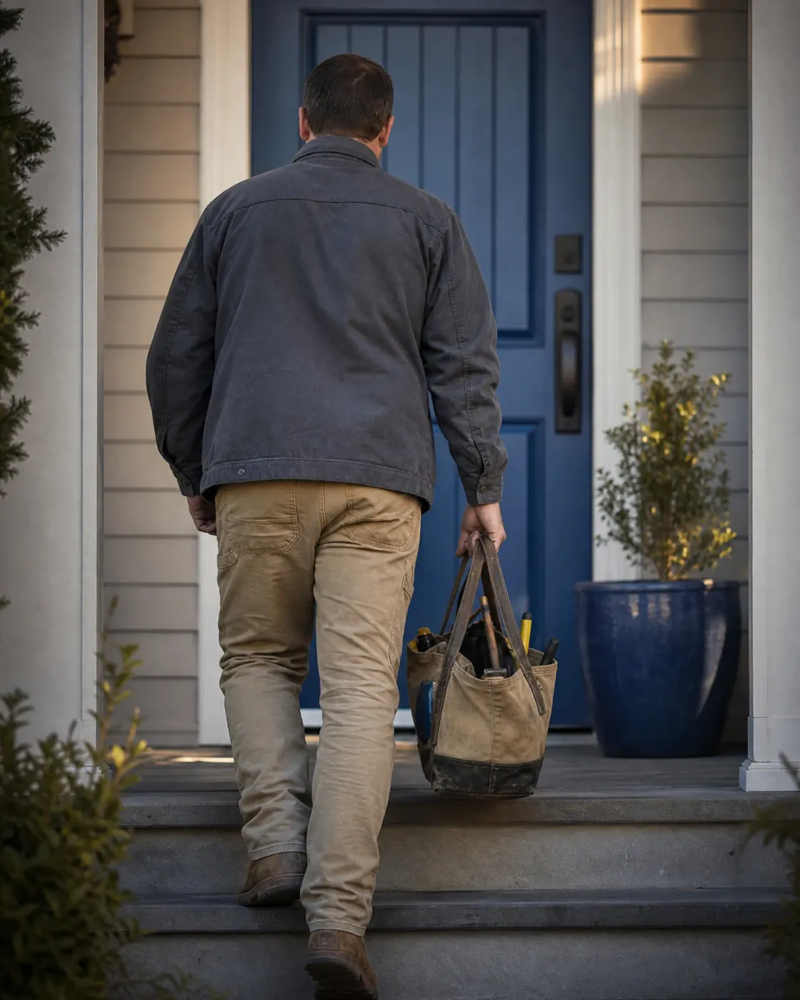 A man in a dark jacket and tan pants, seen from behind, carries a canvas tool bag up concrete steps toward a blue front door of a house with light horizontal siding and a potted shrub in a blue planter.