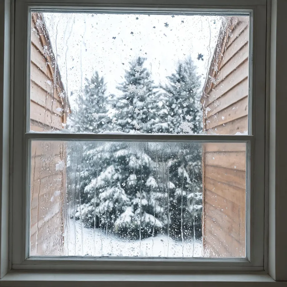View through a condensation-streaked double-hung window with a white frame onto snow-covered evergreen trees and adjacent wood-sided walls.