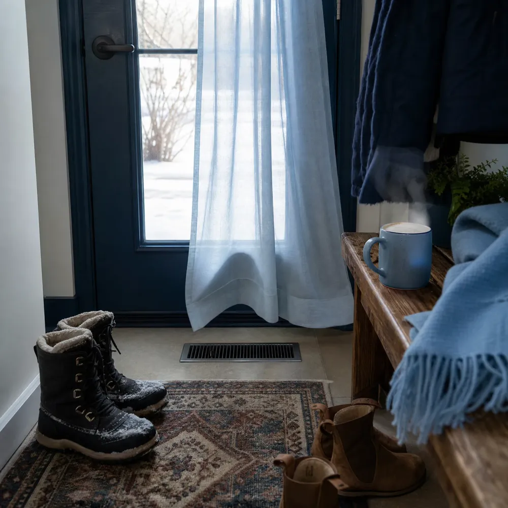 An entryway with a navy door and sheer curtain showing snow outside, snow-dusted black winter boots and brown suede boots on a patterned rug, a floor air vent, and a wooden bench holding a steaming mug and a light blue fringed blanket.