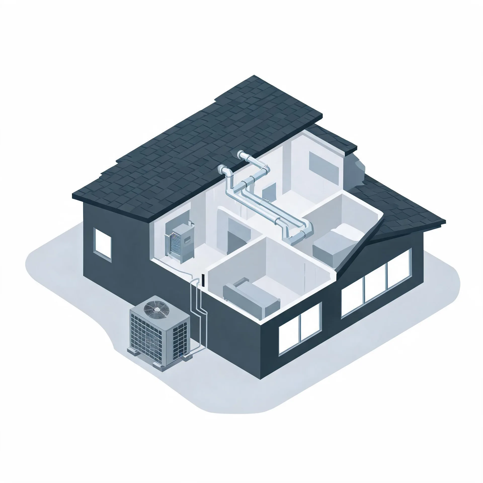 Isometric cutaway illustration of a single-story house with a dark shingled roof, showing interior rooms with ductwork and an indoor air handler connected to an outdoor condenser unit beside the building.
