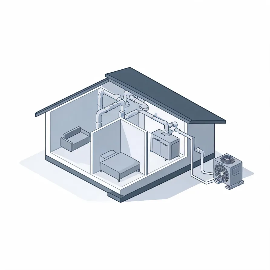 Isometric cutaway illustration of a small house showing interior rooms with furniture, an indoor air handler with ductwork, and lines running to an outdoor condenser unit beside the building.