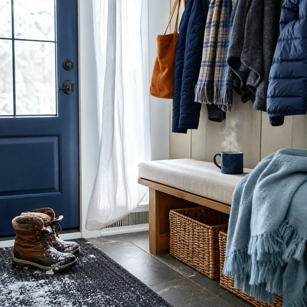 An entryway with a navy door, sheer curtain, coats and a tote bag on hooks, a wooden bench with cushion and steaming mug, wicker baskets beneath, a blue fringed throw, and snow-dusted boots on a dark rug over tile.