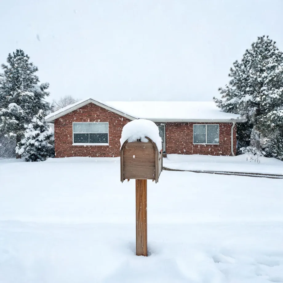 A wooden mailbox on a post topped with a thick layer of snow stands in a snow-covered yard in front of a single-story brick house with a snowy roof, flanked by snow-laden evergreen trees during falling snow.