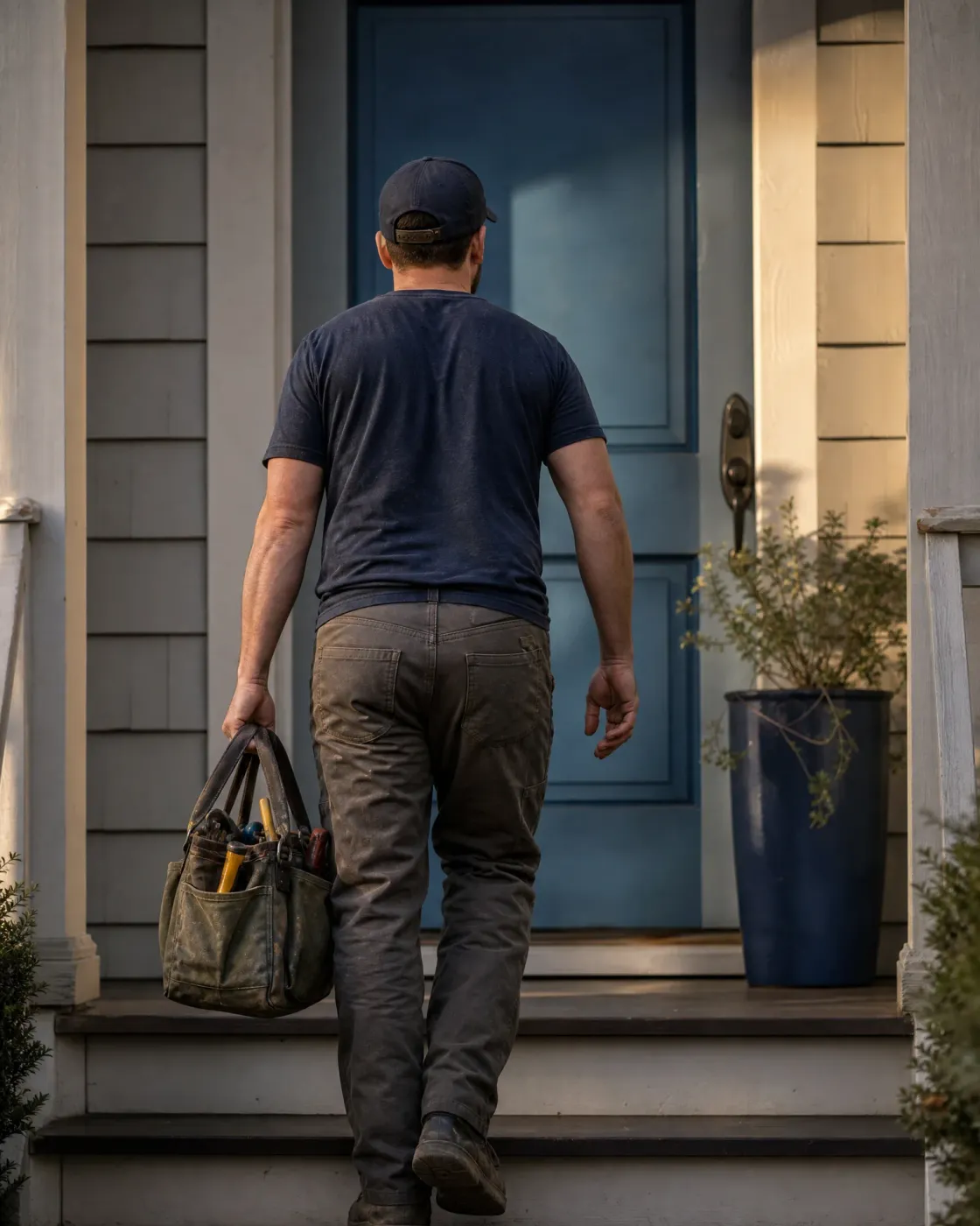 A man in a cap, dark t-shirt and work trousers carries a canvas tool bag up porch steps toward a blue front door, with a tall planter and shrub beside the entry.