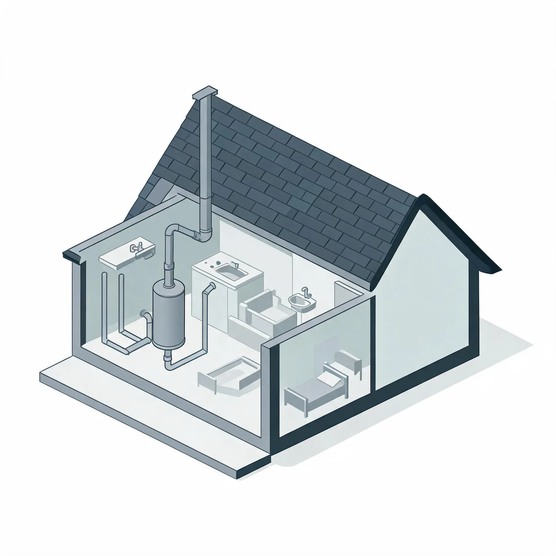 Isometric cutaway illustration of a small house with a dark shingled roof, showing interior rooms with a bed, bathtub, sinks, and a cylindrical water heater connected to pipes and a tall vent stack.